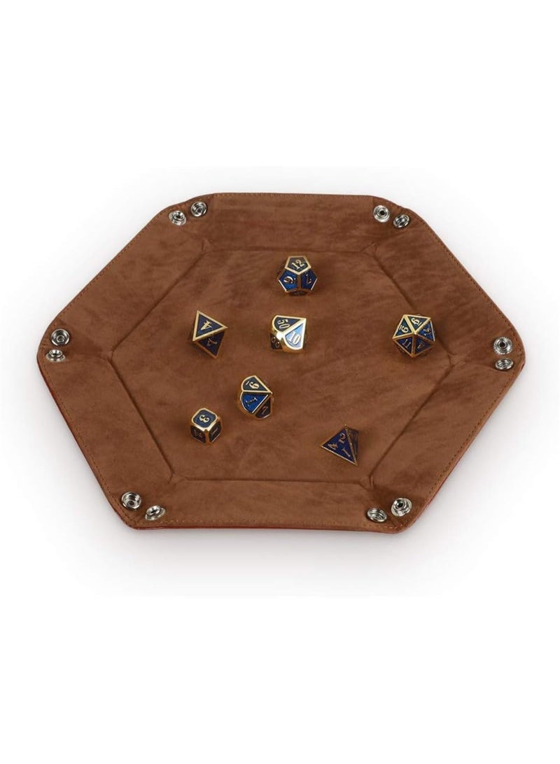 2 Pcs Dice Tray Portable Folding Hexagon Tray Dice Mat for RPG and DND Table Games PU Leather and Velvet Holder Storage Box (Brown) - Image 4