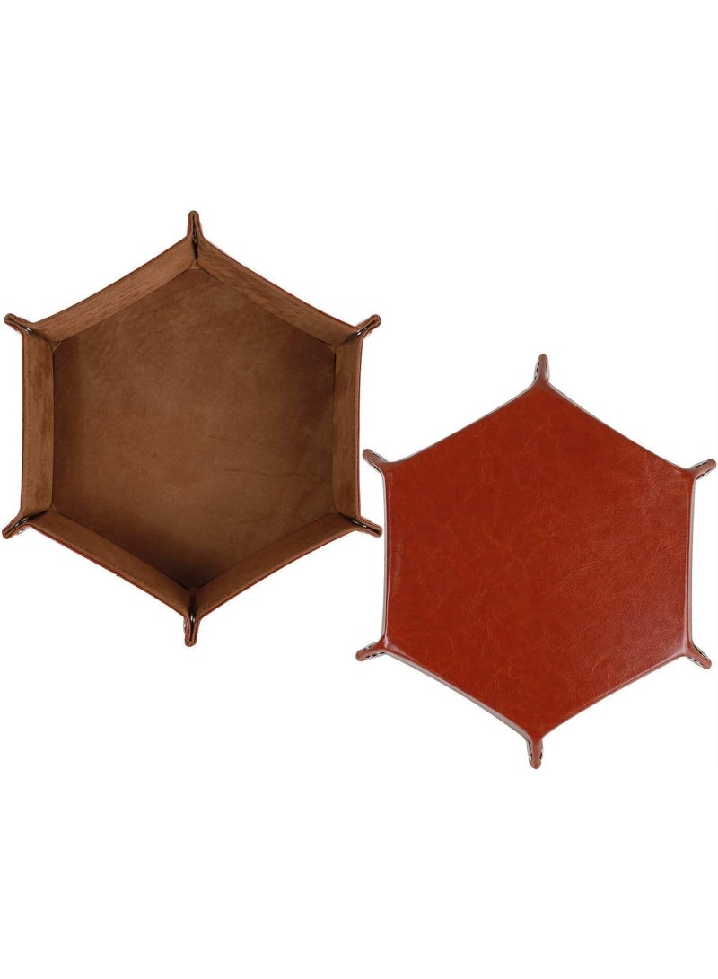2 Pcs Dice Tray Portable Folding Hexagon Tray Dice Mat for RPG and DND Table Games PU Leather and Velvet Holder Storage Box (Brown) - Image 2