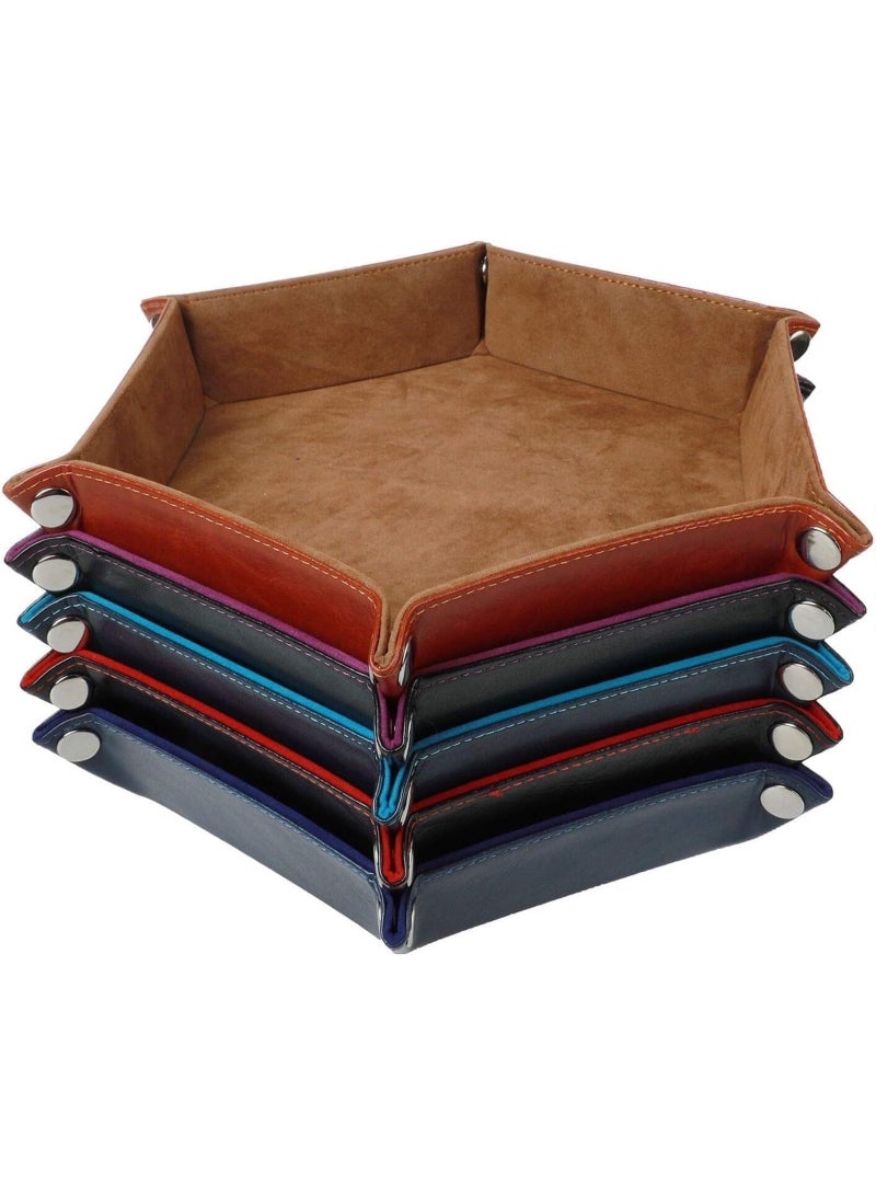 2 Pcs Dice Tray Portable Folding Hexagon Tray Dice Mat for RPG and DND Table Games PU Leather and Velvet Holder Storage Box (Brown) - Image 1