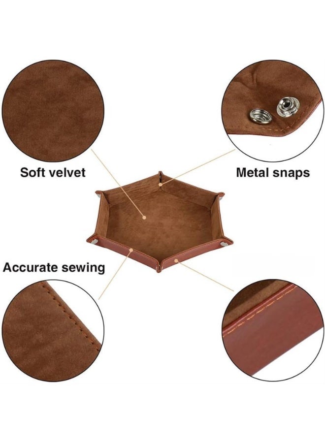 2 Pcs Dice Tray Portable Folding Hexagon Tray Dice Mat for RPG and DND Table Games PU Leather and Velvet Holder Storage Box (Brown) - Image 5