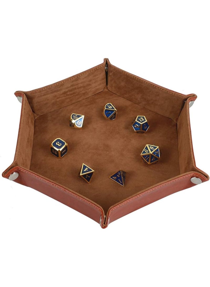 2 Pcs Dice Tray Portable Folding Hexagon Tray Dice Mat for RPG and DND Table Games PU Leather and Velvet Holder Storage Box (Brown) - Image 3