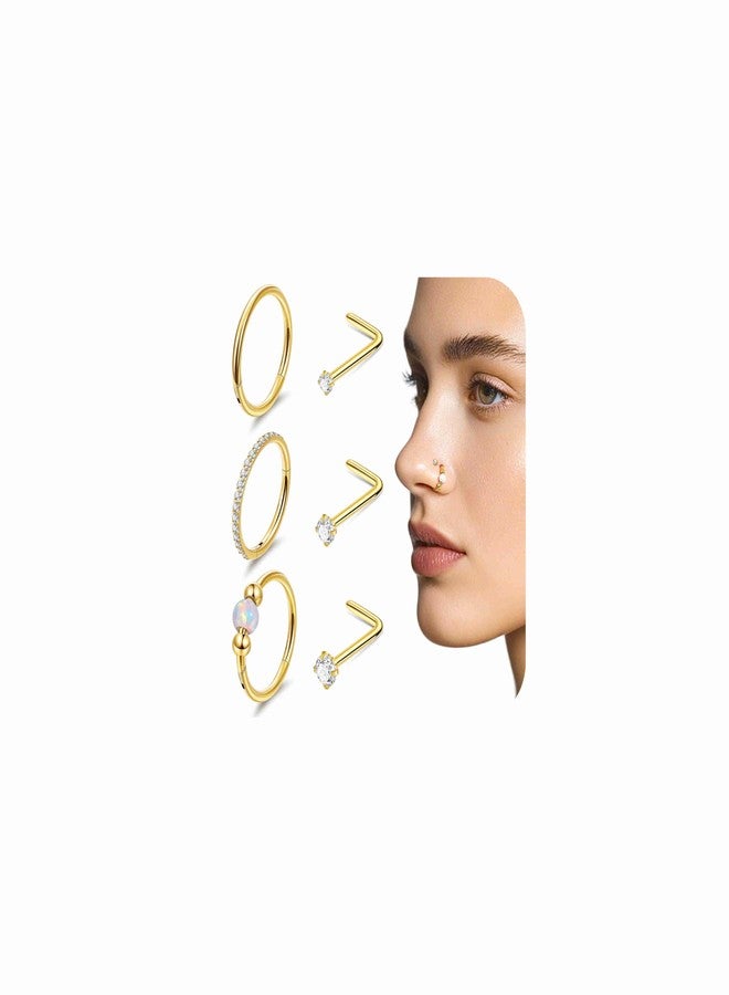 Masedy 6PCS 18G Surgical Steel Nose Ring for Women Men Clicker Hoop Nose Rings CZ L Shaped Nose Stud Hinged Septum Nose Hoop Cartilage Conch Rook Ring Lip Tragus Piercing Jewelry Gold 7MM - Image 1