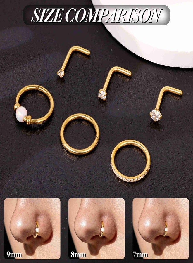 Masedy 6PCS 18G Surgical Steel Nose Ring for Women Men Clicker Hoop Nose Rings CZ L Shaped Nose Stud Hinged Septum Nose Hoop Cartilage Conch Rook Ring Lip Tragus Piercing Jewelry Gold 7MM - Image 2
