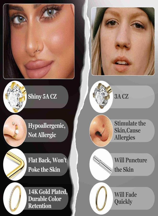 Masedy 6PCS 18G Surgical Steel Nose Ring for Women Men Clicker Hoop Nose Rings CZ L Shaped Nose Stud Hinged Septum Nose Hoop Cartilage Conch Rook Ring Lip Tragus Piercing Jewelry Gold 7MM - Image 5