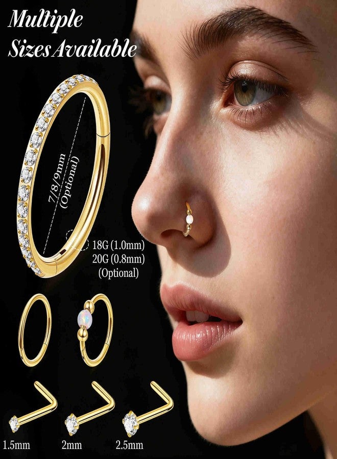 Masedy 6PCS 18G Surgical Steel Nose Ring for Women Men Clicker Hoop Nose Rings CZ L Shaped Nose Stud Hinged Septum Nose Hoop Cartilage Conch Rook Ring Lip Tragus Piercing Jewelry Gold 7MM - Image 3