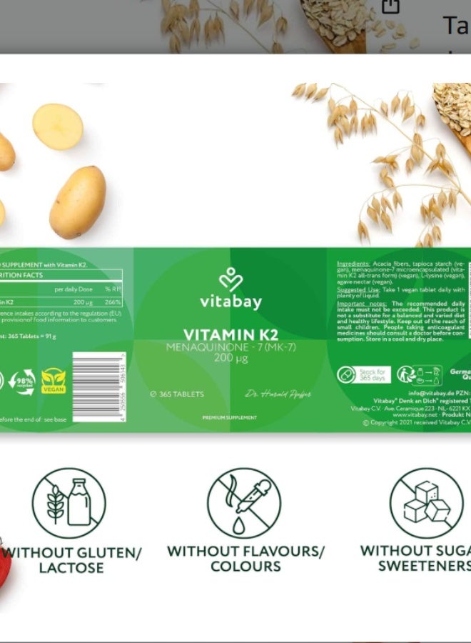 Vitabay Vitamin K2 MK-7 200 µg - 365 Vegan Tablets - Image 4