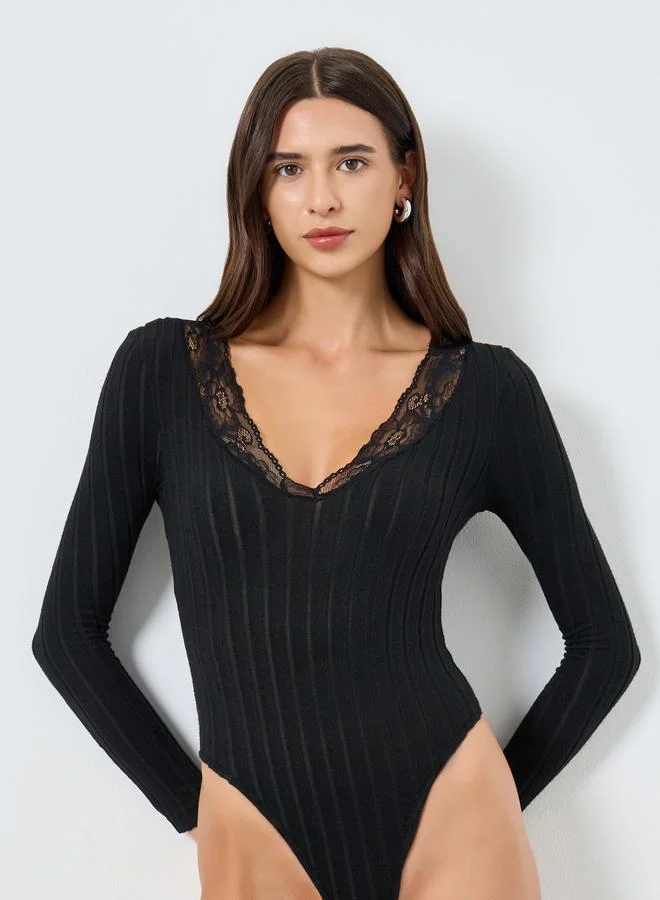 Take Two Black Lace Trim Long Sleeve Top