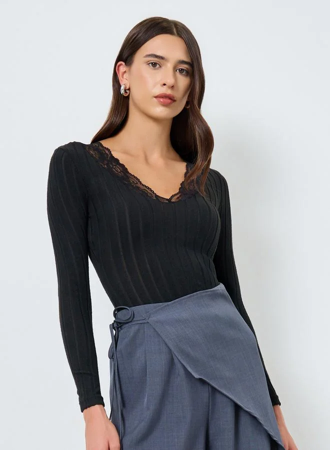 Take Two Black Lace Trim Long Sleeve Top