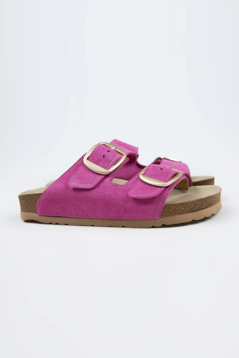 Manijero Manijero Irene Women's Genuine Leather Double Buckle Fuchsia - Gold Slippers
