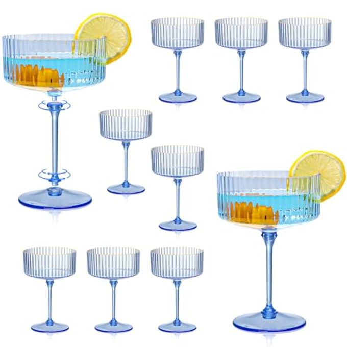XUWAIDSGN 12 Pcs Champagne Martini Glasses 9 Oz with Gilded Removable Gold Rim Coupe Glasses Pink Martini Glasses Plastic Mimosa Vintage Coupe Glasses Set For Wedding Anniversary (12, Clear Blue)