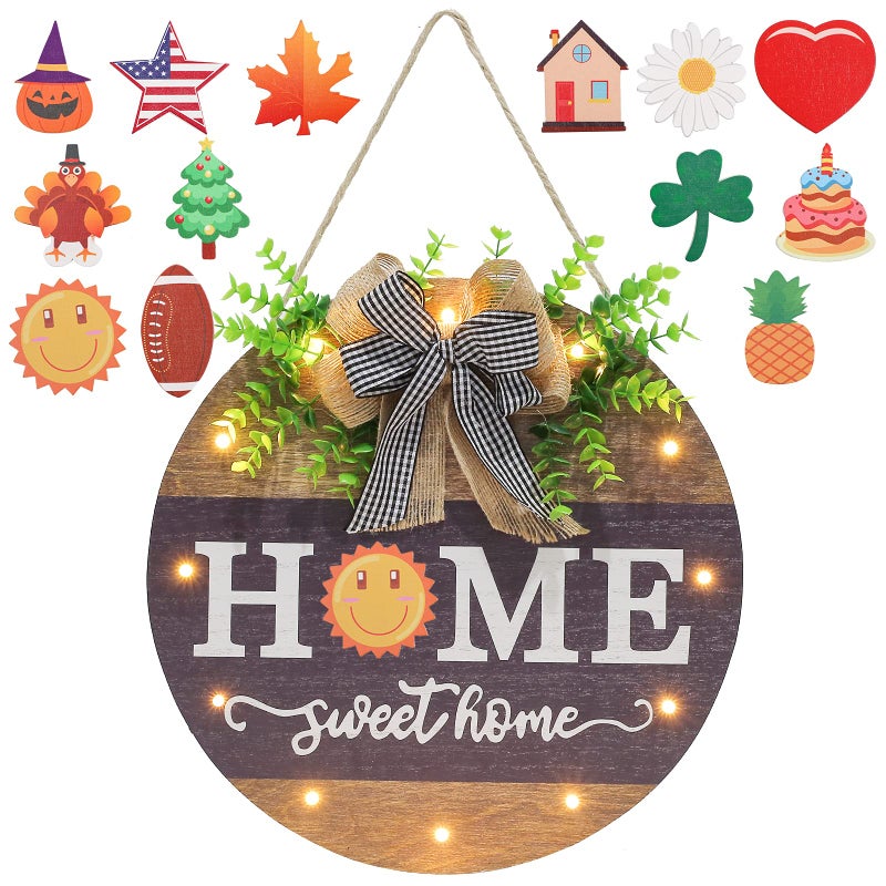 HOMCDALY Interchangeable Welcome Sign for Front Door with 14 Changeable Icons, Farmhouse Front Porch Decor Rustic Wooden Wall Sign with 12 LED Lights, Outdoor Seasonal Welcome Home Decorations (Wood home1) - Image 1