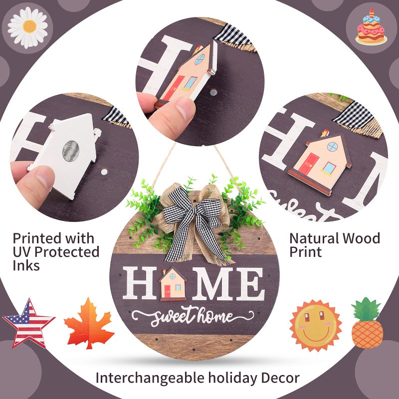 HOMCDALY Interchangeable Welcome Sign for Front Door with 14 Changeable Icons, Farmhouse Front Porch Decor Rustic Wooden Wall Sign with 12 LED Lights, Outdoor Seasonal Welcome Home Decorations (Wood home1) - Image 3