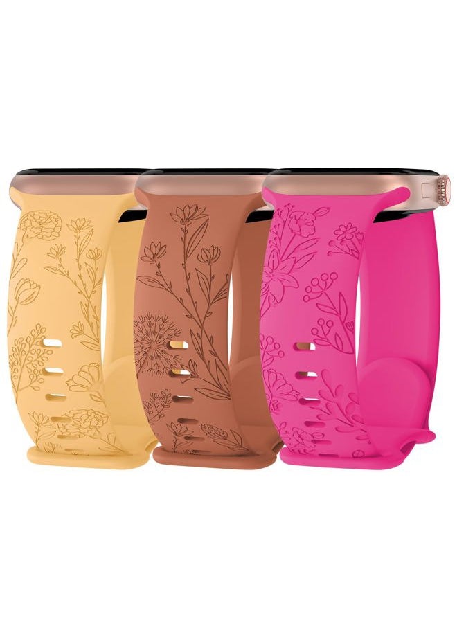 Arctime - 3 Pack Floral Engraved Silicone Bands Compatible with Apple Watch Band 38mm 40mm 41mm 42mm 44mm 45mm 46mm 49mm Women, Soft Sport Wildflower Strap for iWatch Ultra Series 10 9 8 SE 7 6 5 4 3 2 1 - Image 1