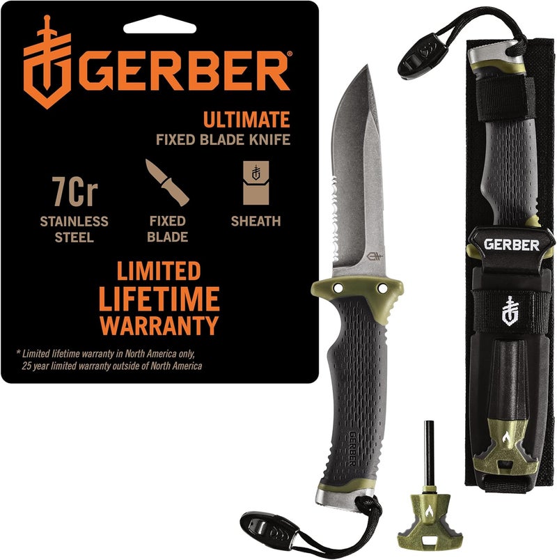 Gerber Gear Ultimate Survival Knife, Fixed Blade Knife with Combo Edge, includes Fire Starter Edge and Ferro Rod, Whistle, Sheath with Integrated Sharpener - Bushcraft, Hunting and Camping Tool - Image 1