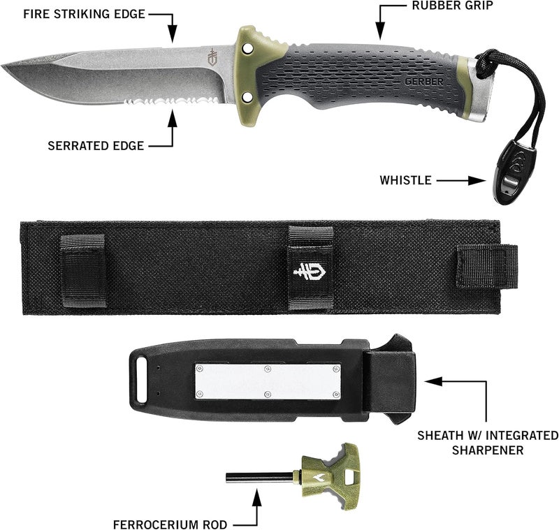 Gerber Gear Ultimate Survival Knife, Fixed Blade Knife with Combo Edge, includes Fire Starter Edge and Ferro Rod, Whistle, Sheath with Integrated Sharpener - Bushcraft, Hunting and Camping Tool - Image 5