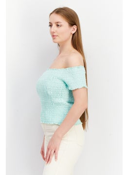 BB Dakota by Steve Madden Women Off Shoulder Neck Short Sleeves Eyelet Crop Top, Mint Green  - Image 2