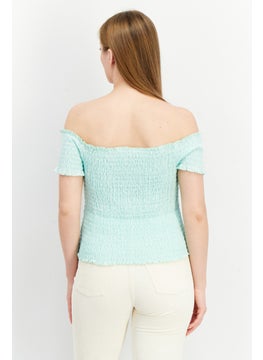 BB Dakota by Steve Madden Women Off Shoulder Neck Short Sleeves Eyelet Crop Top, Mint Green  - Image 4