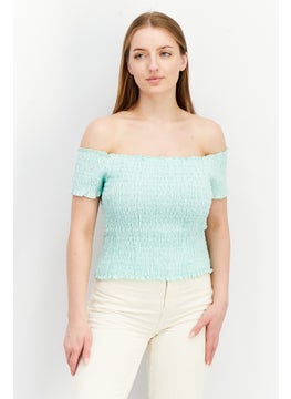 BB Dakota by Steve Madden Women Off Shoulder Neck Short Sleeves Eyelet Crop Top, Mint Green  - Image 1