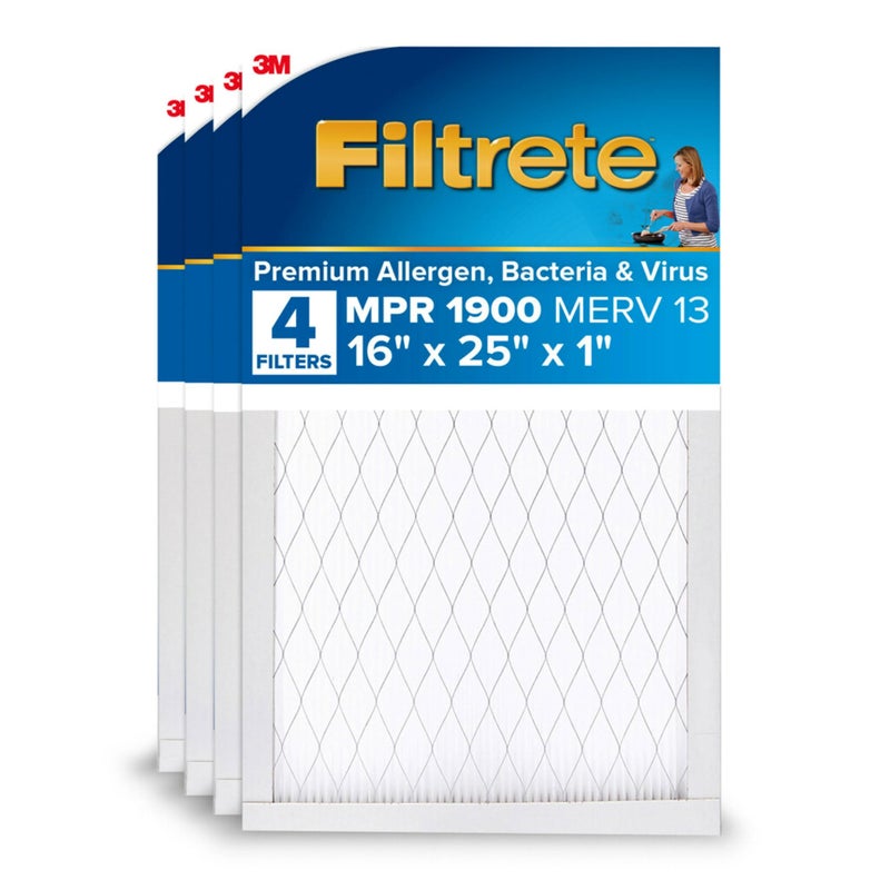 Filtrete 16x25x1 AC Furnace Air Filter MERV 13 MPR 1900 Premium Allergen Bacteria Virus Filter 3Month Pleated 1Inch Electrostatic Air Cleaning Filter 4Pack Actual Size 1569x2469x078