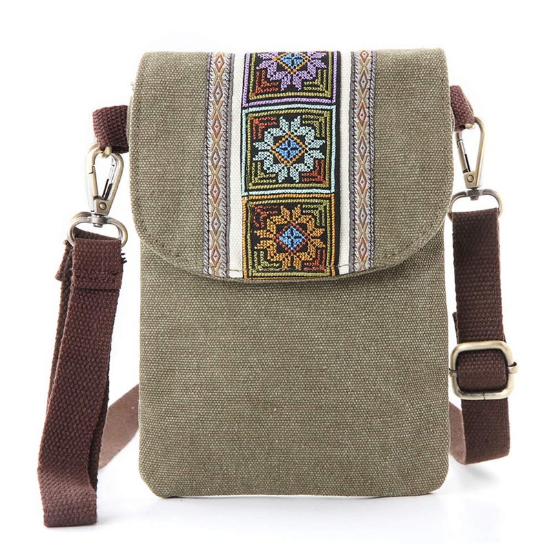 SILKAREA Boho Embroidered Small Crossbody Bag Cell Phone Purse for Women Wristlet Wallet Shoulder Bag (Army Green) - Image 1
