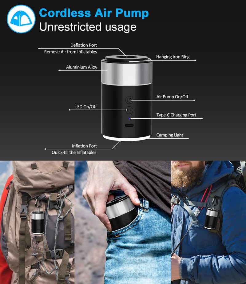 LIBERRWAY Electric Air Pump for Inflatables- 4000mAH Rechargeable Tiny Cordless Portable Air Pump with Camping Lantern, Quick-Fill Air Mattress Pump for Camping, Pool Floats - Image 4