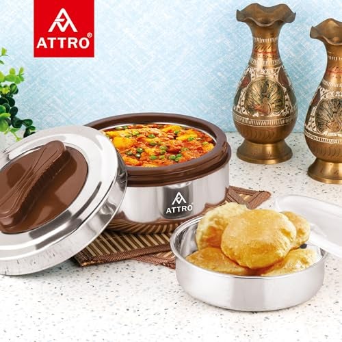 ATTRO Big Bite Insulated Steel Lunch Box – 2 Compartments & 1 Container, BPA-Free, 600ml + 300ml, Ideal for Office, Outdoor, Travel & Daily Use – Brown - Image 4
