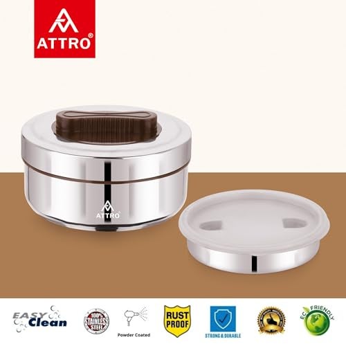 ATTRO Big Bite Insulated Steel Lunch Box – 2 Compartments & 1 Container, BPA-Free, 600ml + 300ml, Ideal for Office, Outdoor, Travel & Daily Use – Brown - Image 3