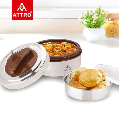 ATTRO Big Bite Insulated Steel Lunch Box – 2 Compartments & 1 Container, BPA-Free, 600ml + 300ml, Ideal for Office, Outdoor, Travel & Daily Use – Brown - Image 2
