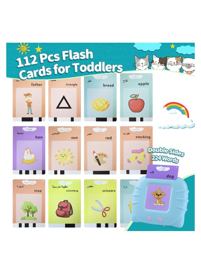 Arabic English Learning Toys for 3 4 5 6 Year Old Boys Girls 224 Words Baby Talking Flash Cards Speech Therapy Autism Toys Autistic Children Montessori Toys Birthday Gifts for Kids (Blue) - Image 2