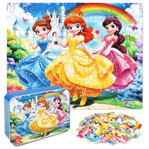 MZZOTOY Princess Puzzles for Kids Ages 48 60 Pieces Jigsaw Puzzles for Kids Ages 35 Puzzle for Girls and Boys Learning Educational Puzzles Toys in a Metal Box - Image 1