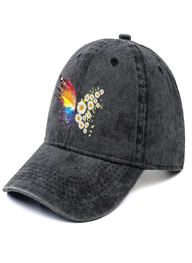 Negi Rainbow Butterfly Hat Women Baseball Cap Stylish Butterfly Flower Ball Cap Fitted for Women Washed Distressed Cotton Baseball Hats for Men Black Low Profile Adjustable Denim Hat - Image 2