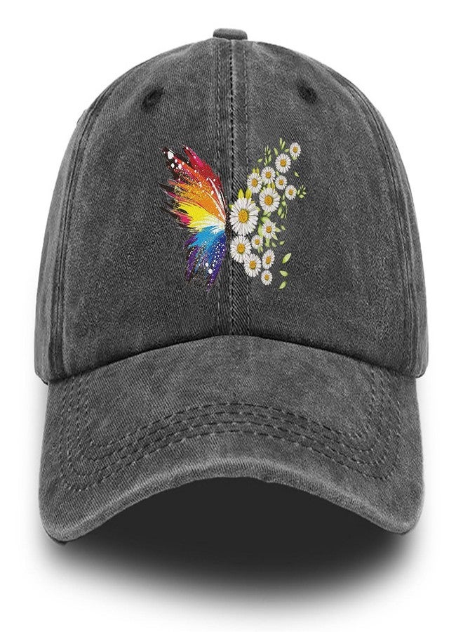 Negi Rainbow Butterfly Hat Women Baseball Cap Stylish Butterfly Flower Ball Cap Fitted for Women Washed Distressed Cotton Baseball Hats for Men Black Low Profile Adjustable Denim Hat - Image 1