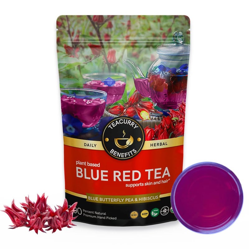 Teacurry Blue Red Tea (100 gram loose) - Helps with Glowing Skin and Strong Hair with Lavender, Hibiscus | Flower Based, Caffeine Free Tea - Image 1