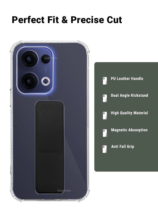huanmate Oppo Reno 13 Magnetic Case With Hand Grip Holder & Kickstand - Strong Grip for Magnetic Car Holder, Stylish & Functional, Ultimate Convenience & Hands-Free Viewing - Clear/Black  - Image 2