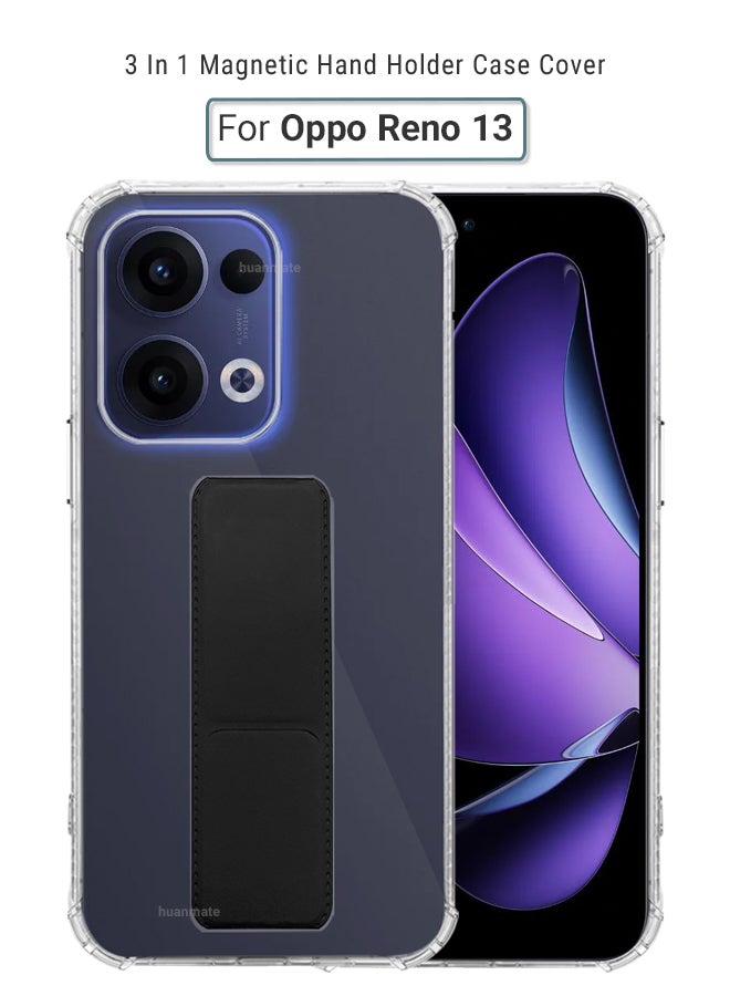 huanmate Oppo Reno 13 Magnetic Case With Hand Grip Holder & Kickstand - Strong Grip for Magnetic Car Holder, Stylish & Functional, Ultimate Convenience & Hands-Free Viewing - Clear/Black  - Image 1