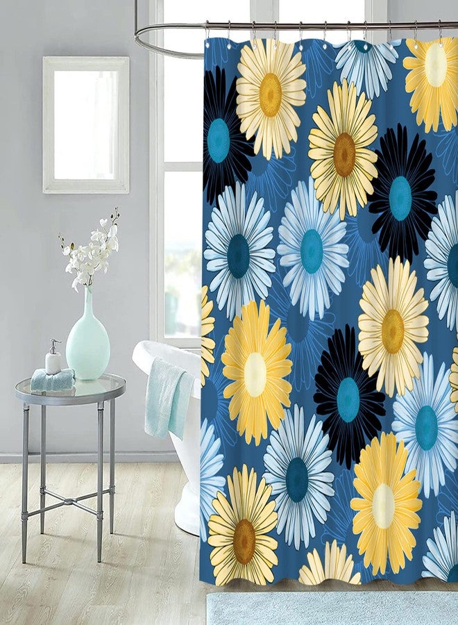 RnnJoile Blue and Yellow Shower Curtain Navy Blue Daisy Floral Bathroom Curtain Coloful Flower Modern Bathroom Decor with Hooks 72"X72" Inches - Image 3