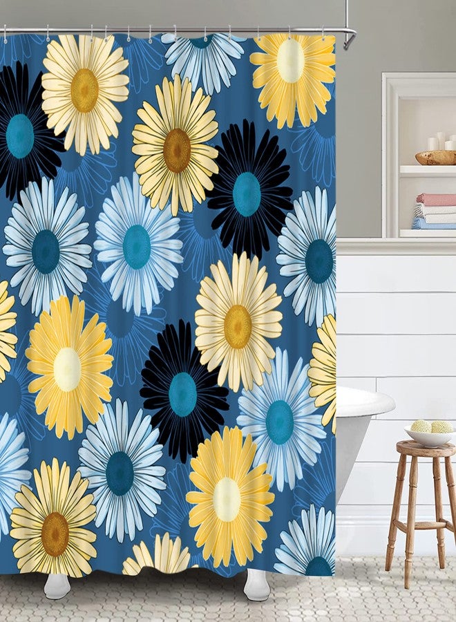 RnnJoile Blue and Yellow Shower Curtain Navy Blue Daisy Floral Bathroom Curtain Coloful Flower Modern Bathroom Decor with Hooks 72"X72" Inches - Image 1