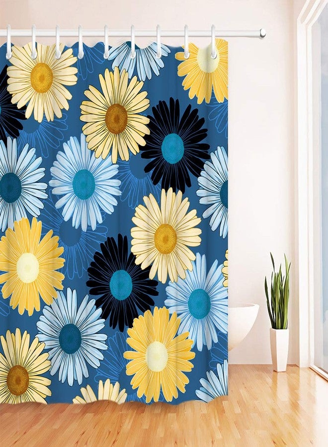 RnnJoile Blue and Yellow Shower Curtain Navy Blue Daisy Floral Bathroom Curtain Coloful Flower Modern Bathroom Decor with Hooks 72"X72" Inches - Image 2