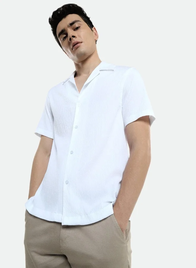 Dennis Lingo Relaxed Fit White Shirt For Men Seersucker Popcorn Fabric Textured Pattern Cuban Collar Half Sleeves