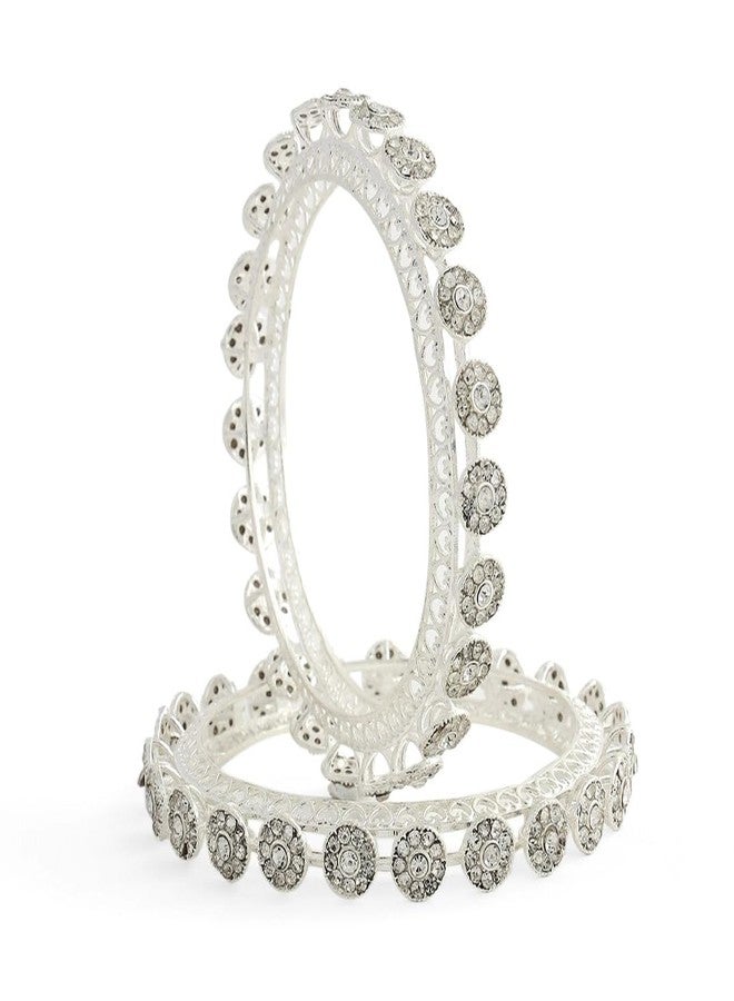 NMII Premium Metal Zircon Diamond Stone Adorned Bangles Set For Women & Girls | Stylish Party Bangles | White Bangles | Diamond Kada | White kada For Women | Hand Accessories-(MAH99-Silver-2.4) - Image 1