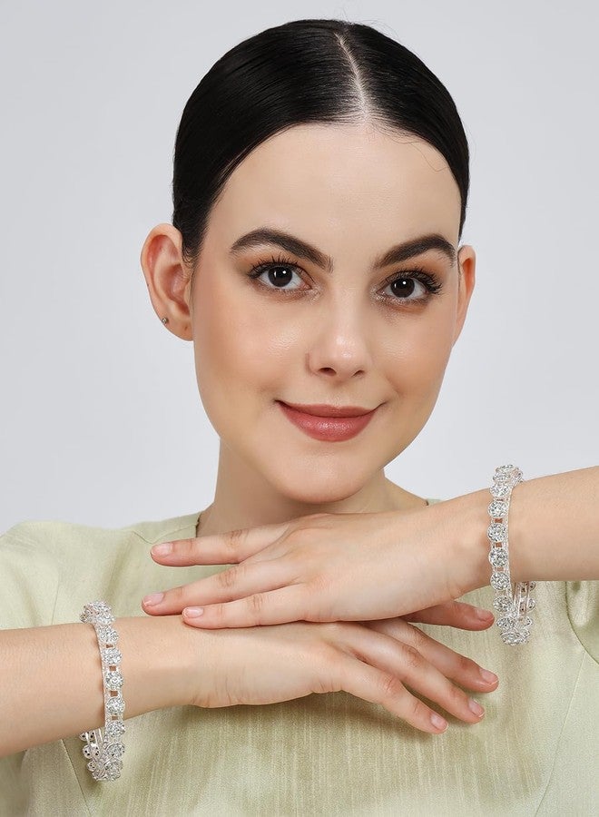 NMII Premium Metal Zircon Diamond Stone Adorned Bangles Set For Women & Girls | Stylish Party Bangles | White Bangles | Diamond Kada | White kada For Women | Hand Accessories-(MAH99-Silver-2.4) - Image 5