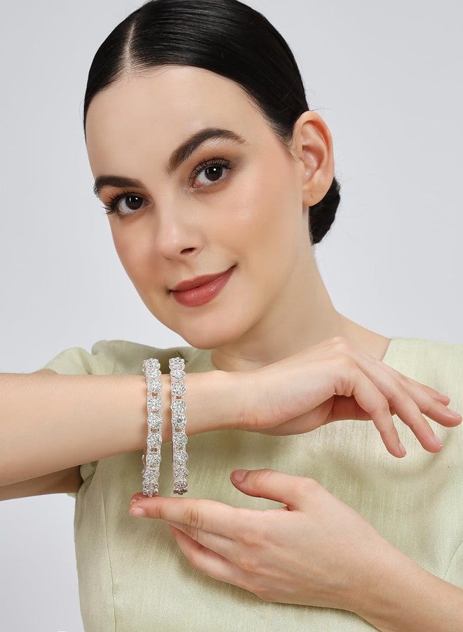 NMII Premium Metal Zircon Diamond Stone Adorned Bangles Set For Women & Girls | Stylish Party Bangles | White Bangles | Diamond Kada | White kada For Women | Hand Accessories-(MAH99-Silver-2.4) - Image 3