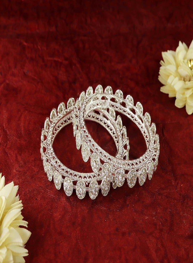 NMII Premium Metal Zircon Diamond Stone Adorned Bangles Set For Women & Girls | Stylish Party Bangles | White Bangles | Diamond Kada | White kada For Women | Hand Accessories-(MAH99-Silver-2.4) - Image 2