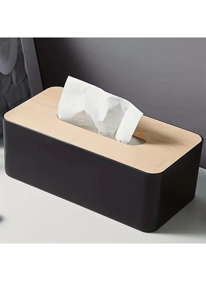Black Modern Rectangular Tissue Box Holder With Bamboo Lid Plastic Dispenser - Image 4