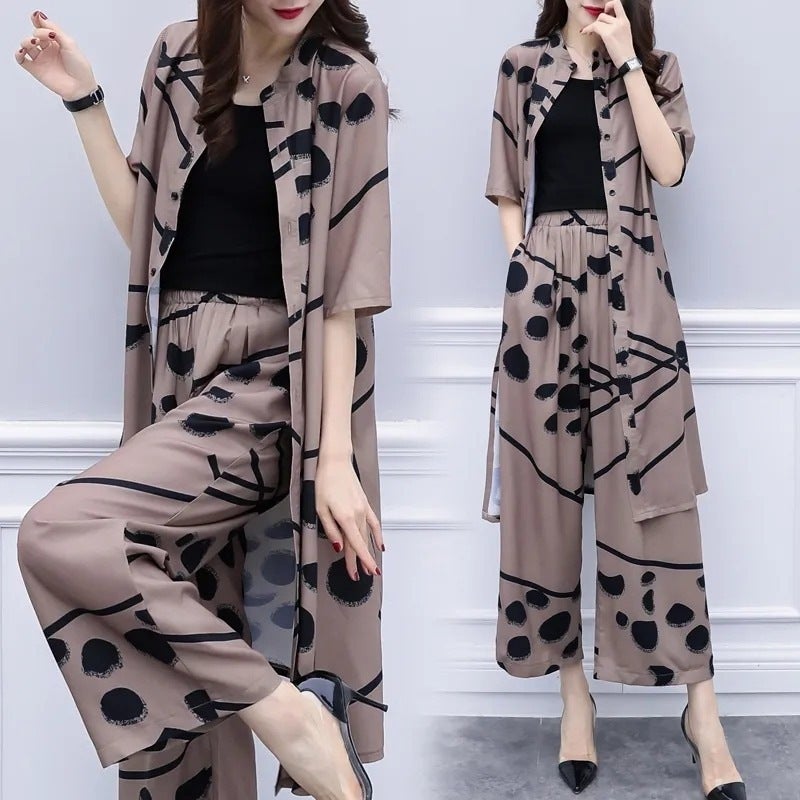2023 Summer new fashion loose slimming suit womens plus size printed cardigan top wide leg pants two-piece set womens Picture color