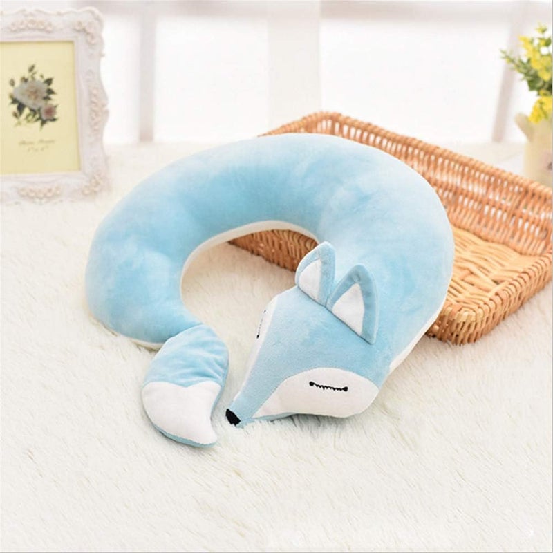 jidachuang Travel Pillows Planes Fox Animal U-Shaped Neck Pillow Plush Fur Warm Cartoon Comfortable Luggage Pillow for Airplanes Car Train (A-Blue) - Image 2