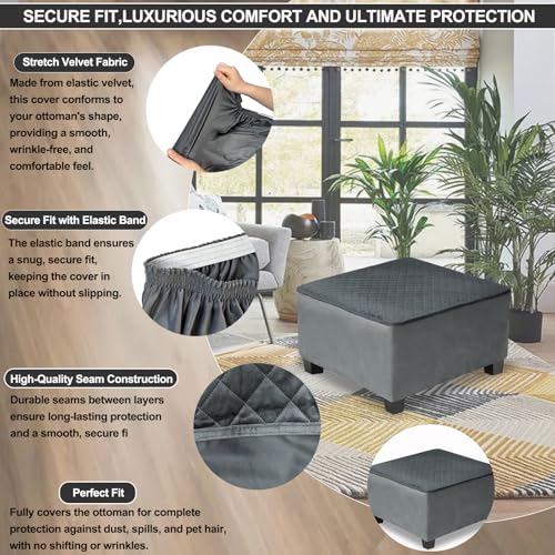 NeColorLife Waterproof Square Ottoman CoverThick Stretch Velvet Slipcover for FootstoolNonSlip Soft Furniture Protector for Pets and DogsDark GrayMedium - Image 3