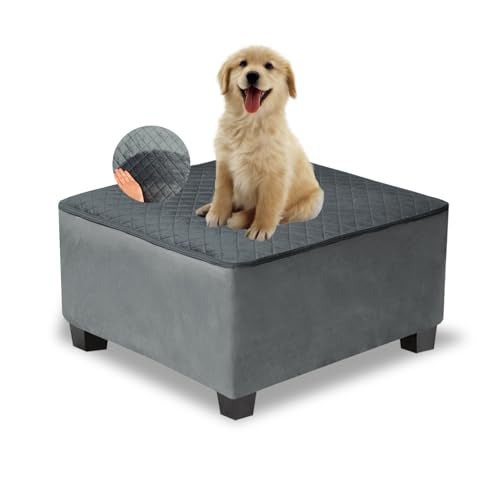 NeColorLife Waterproof Square Ottoman CoverThick Stretch Velvet Slipcover for FootstoolNonSlip Soft Furniture Protector for Pets and DogsDark GrayMedium - Image 1
