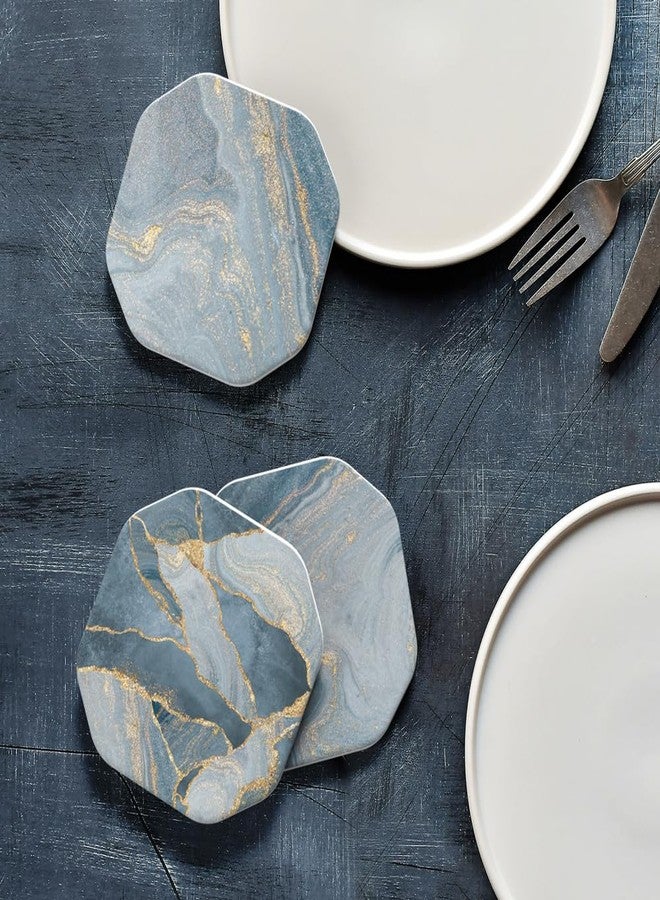 UMIRRO Ceramic Stone Coasters for Drinks Absorbent with Holder for Wooden Coffee Table, Stoneware Cup Coasters for Iced Cold or Hot Drinks, Navy Blue Marble Style, Gold, 4" Set of 6 - Image 4