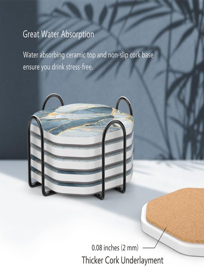 UMIRRO Ceramic Stone Coasters for Drinks Absorbent with Holder for Wooden Coffee Table, Stoneware Cup Coasters for Iced Cold or Hot Drinks, Navy Blue Marble Style, Gold, 4" Set of 6 - Image 5